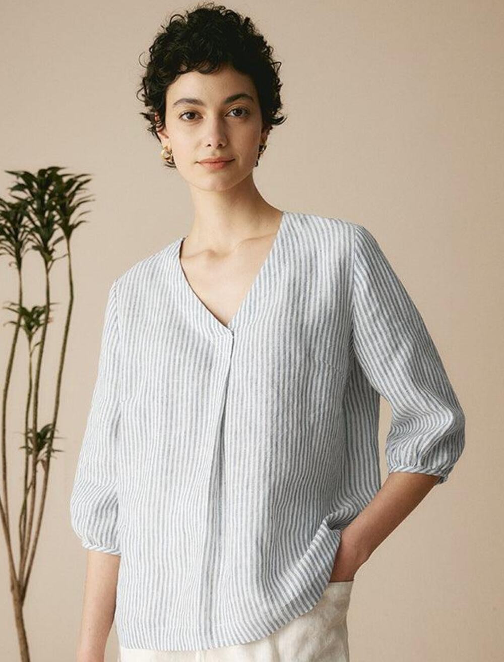 Lintico 100% Linen Puff Sleeves Top LEAH Size Large Blue White